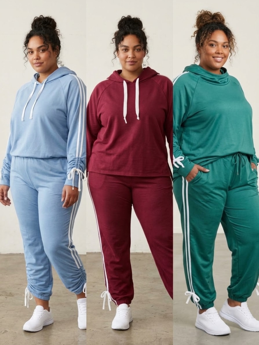 Pullover Hoodie Side-Stripe Joggers-3 Set Bundle-Light Blue/Burgundy,&Teal Sz 3X